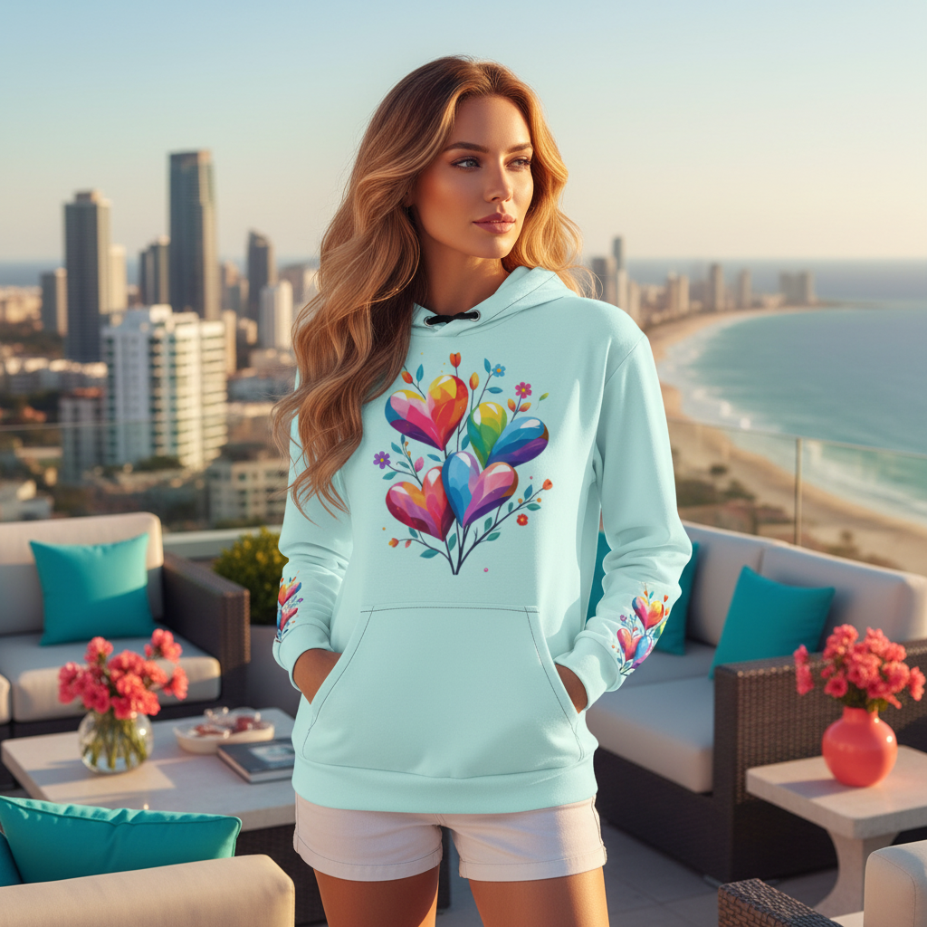 Self-assured woman in turquoise hearts hoodie on modern city rooftop with ocean views