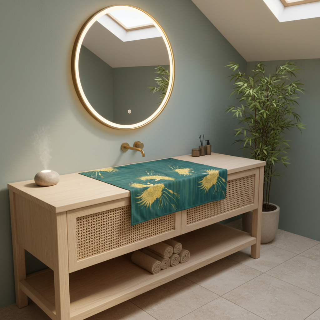 Serene bathroom with teal and gold crane beach towel beautifully laid out in zen spa setting
