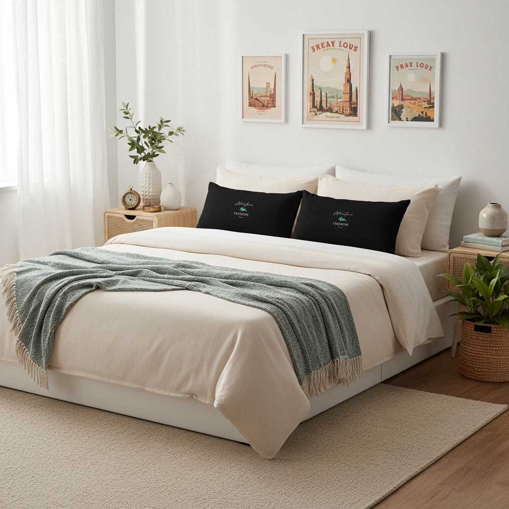 Serene bedroom with cream bedding and rectangular Adventure Freedom Travel pillows