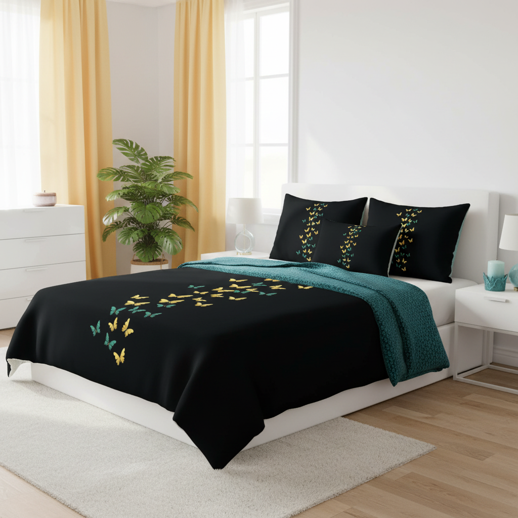 Serene coastal bedroom with butterfly print bedding, warm yellow curtains and teal accent pieces