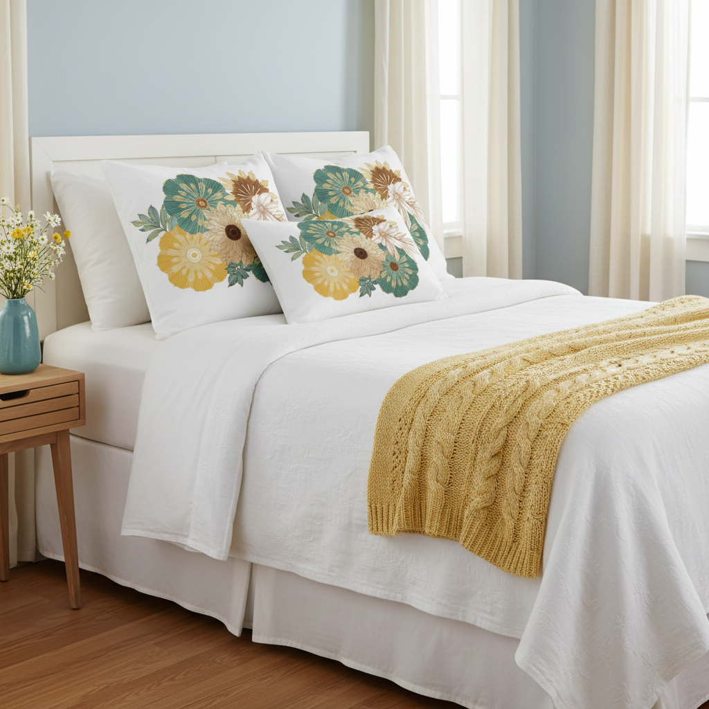 Serene coastal bedroom with floral pillows