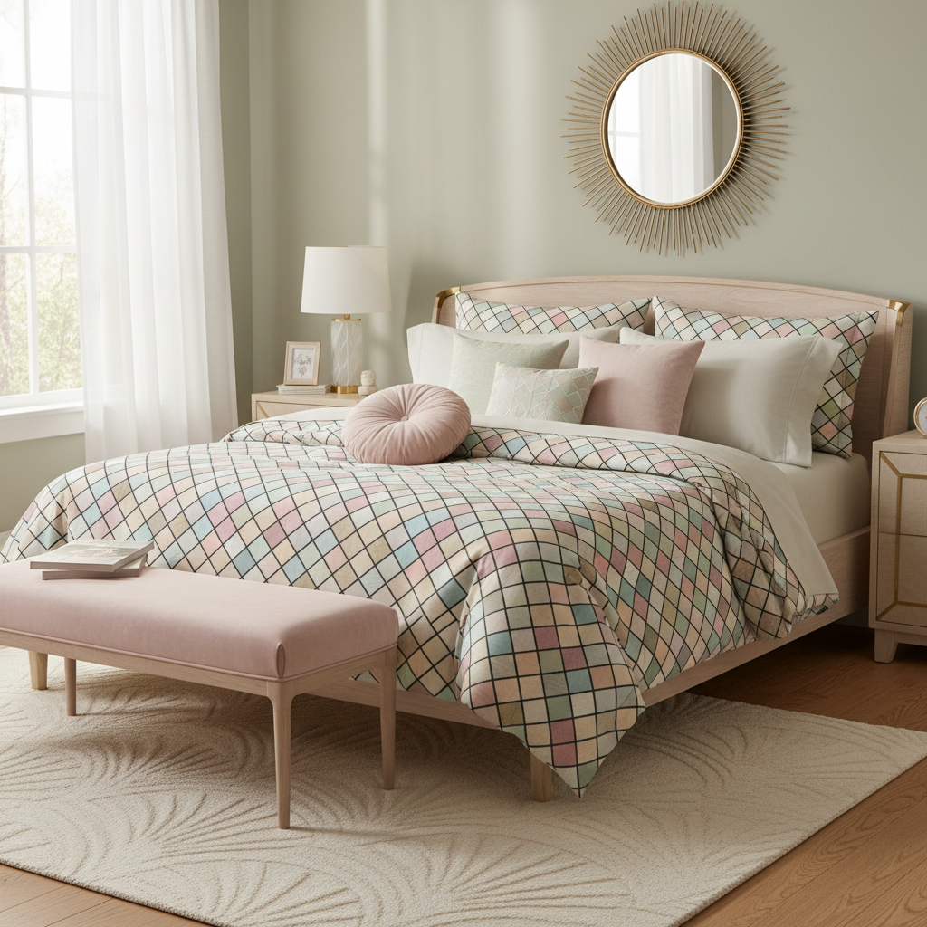 Serene cozy bedroom with colorful squares pattern duvet cover and matching pillows