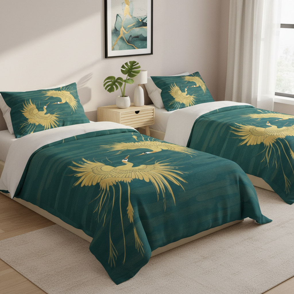 Serene elegant bedroom with teal gold crane twin duvet cover and coordinating crane art
