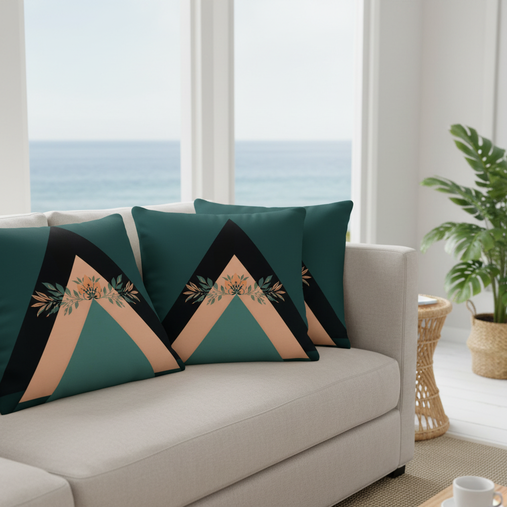 Serene light-filled coastal sitting area with detailed botanical pillow close-up