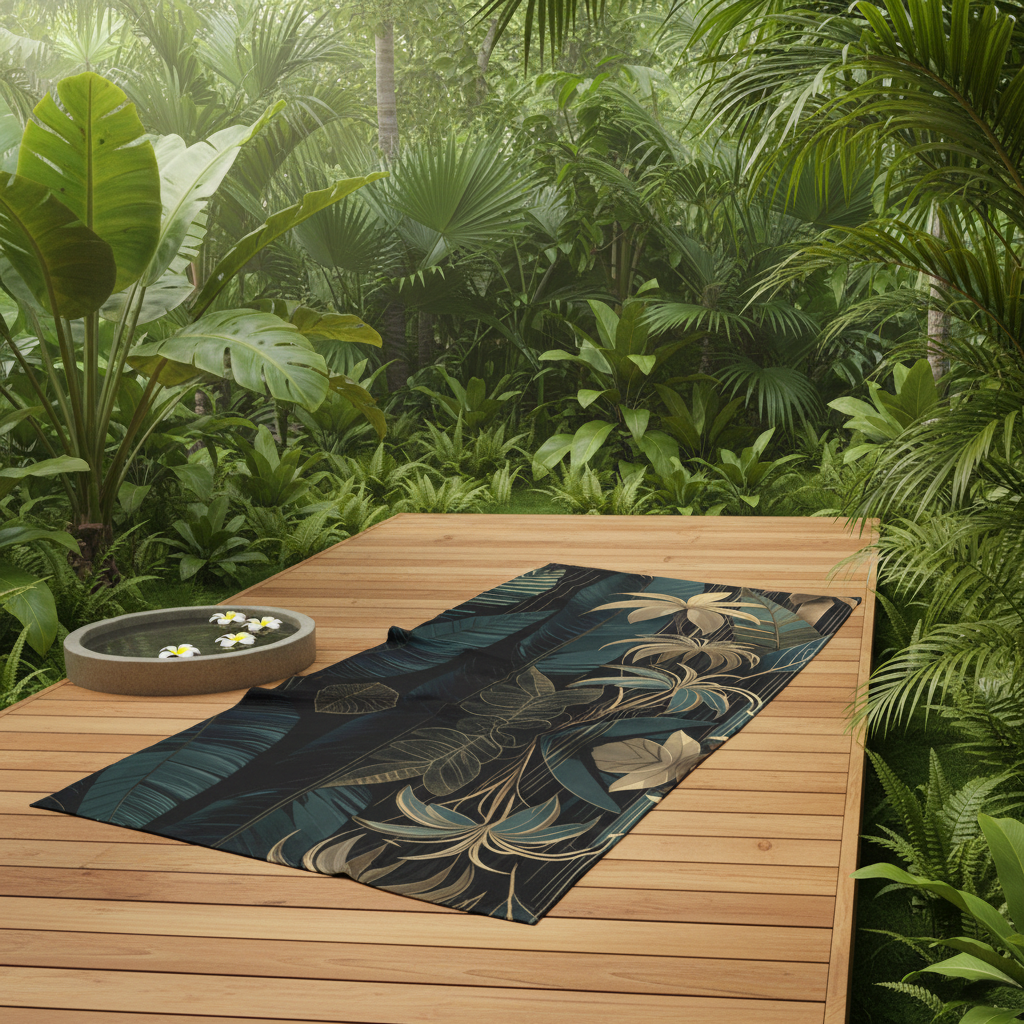 Serene spa outdoor setting with emerald and gold jungle pattern beach towel on wooden deck