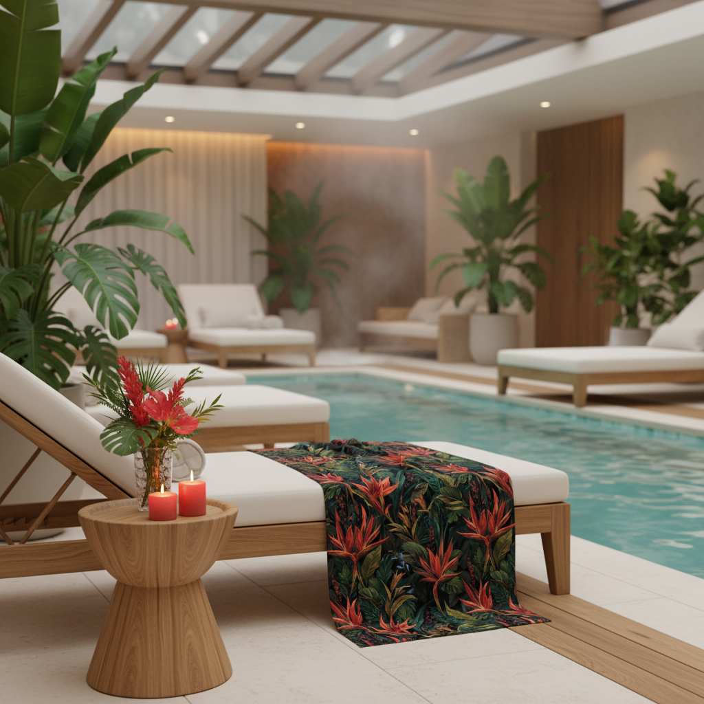 Serene wellness spa with tropical beach towel with coral red flowers and green palm leaves, spa pool area with turquoise water, white furniture, green tropical plants, coral red candles, natural wood, tranquil luxurious atmosphere