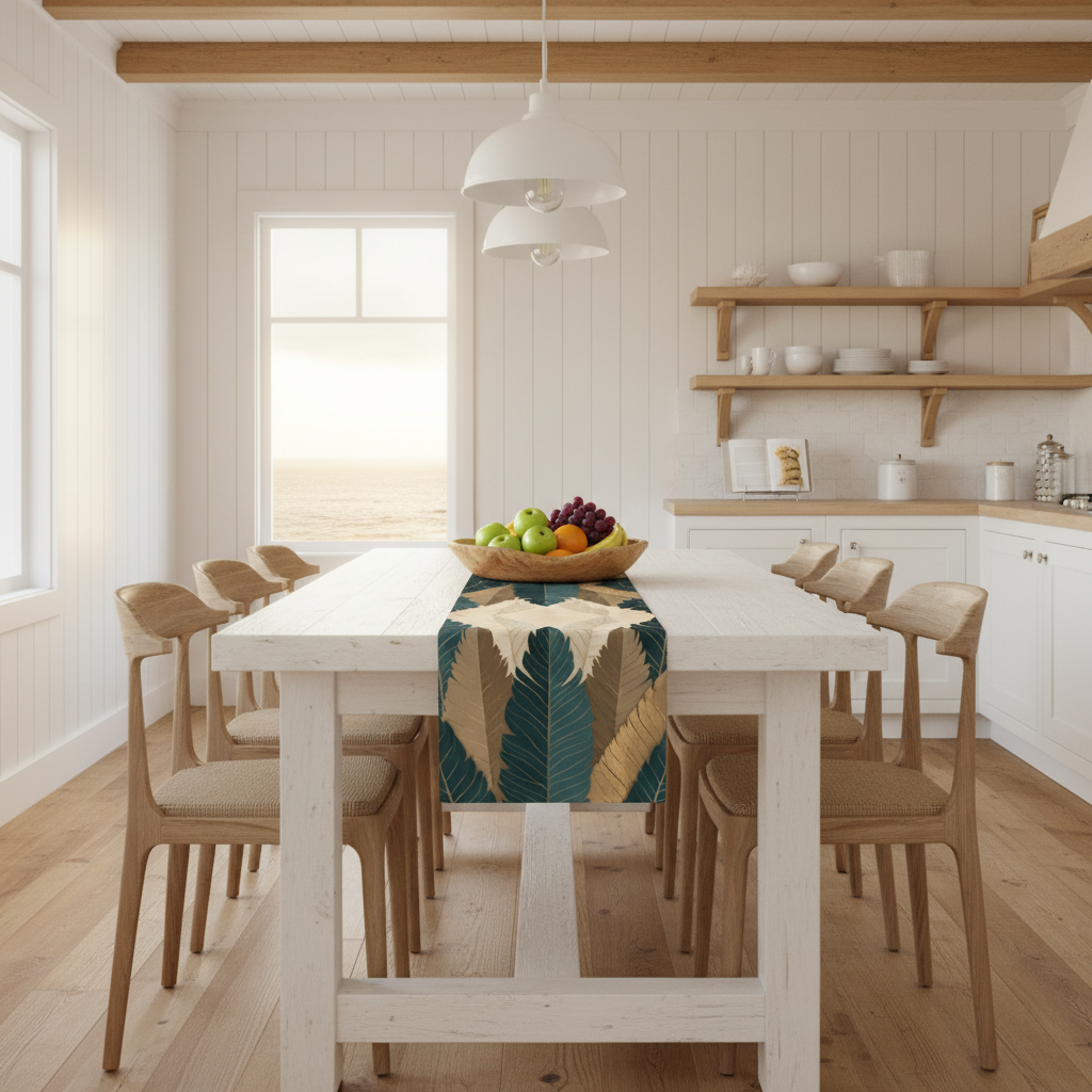 Serene white coastal kitchen with complete botanical table runner