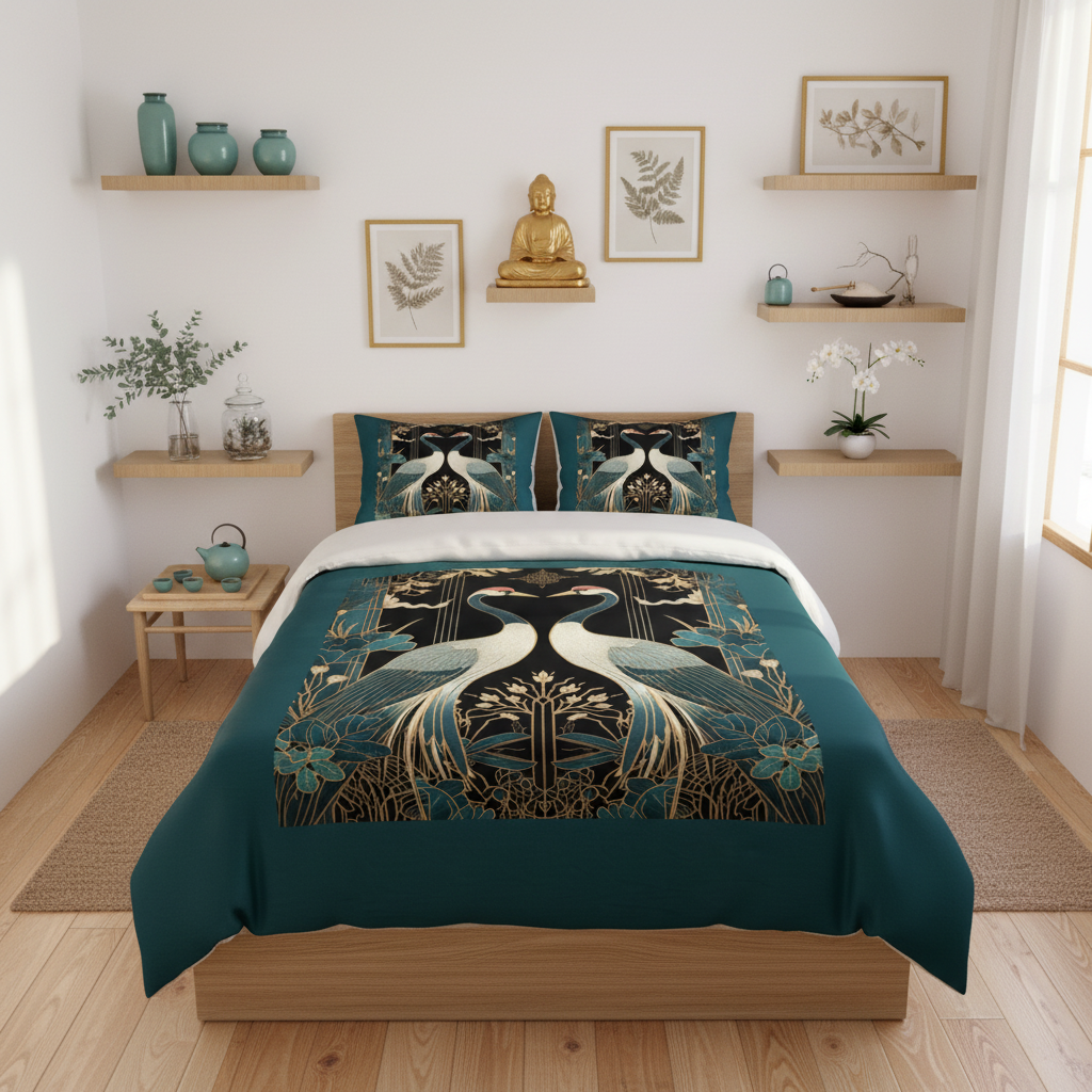 Serene zen bedroom twin bed with shelves and decor
