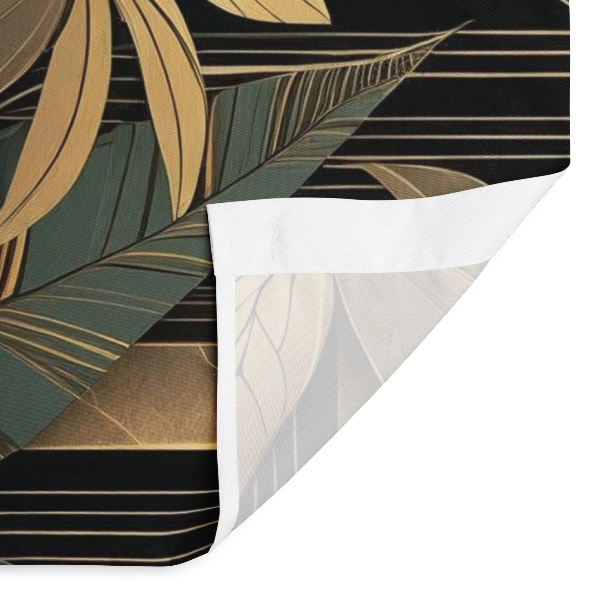 Night Jungle dark green and gold shower curtain. Luxury art deco modern floral style 
