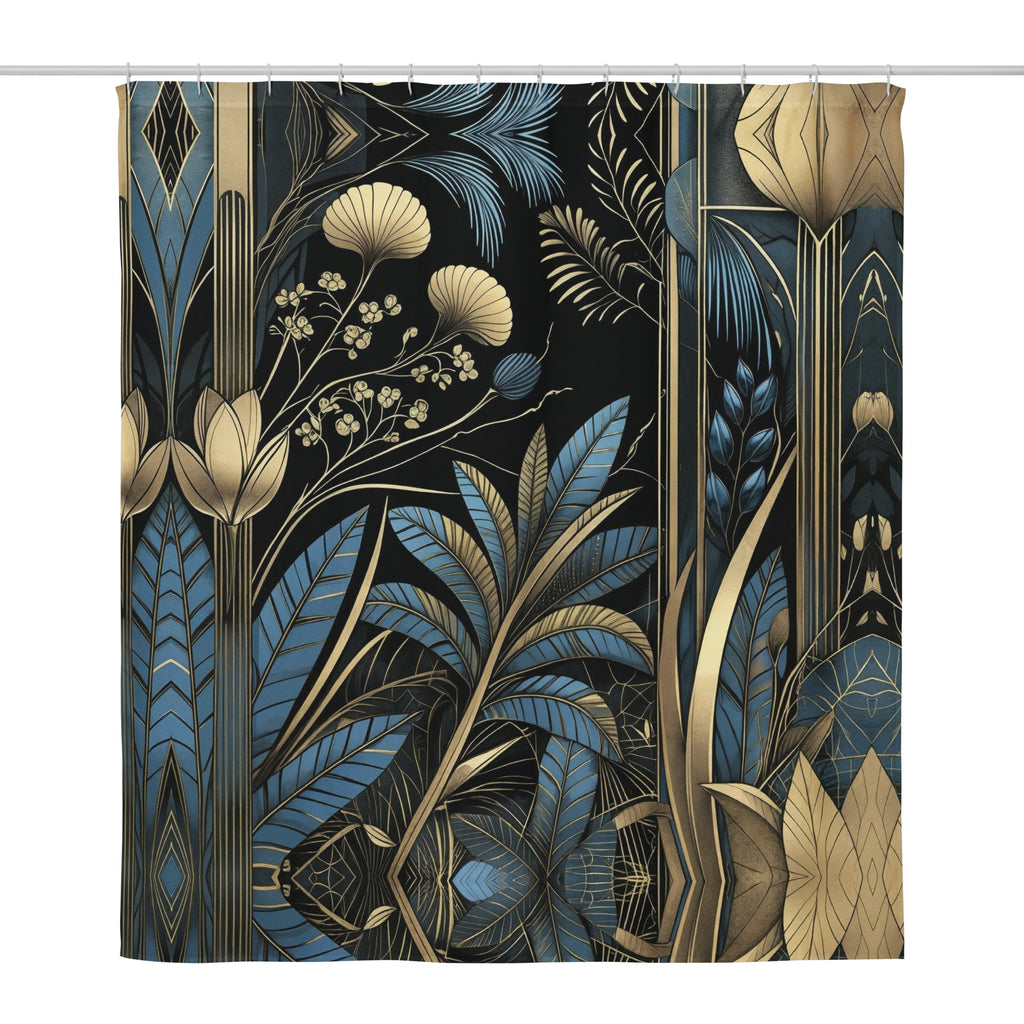  Art Deco Botanical Shower Curtain - Navy Gold Palm Leaf - Luxury Bath