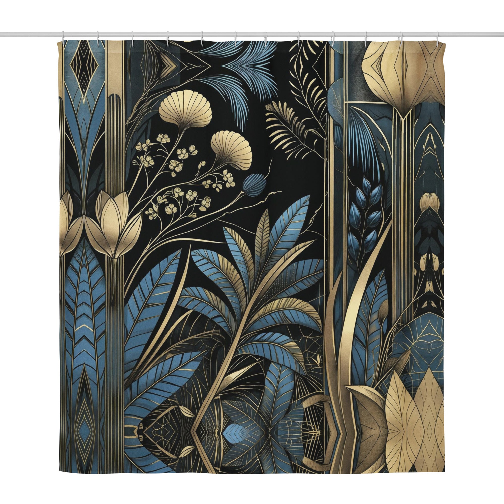  Art Deco Botanical Shower Curtain - Navy Gold Palm Leaf - Luxury Bath