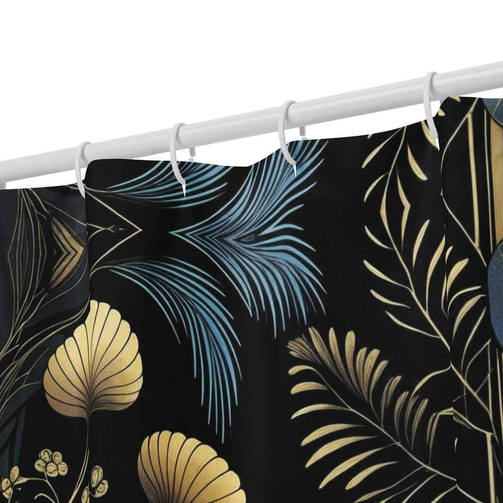  Art Deco Botanical Shower Curtain - Navy Gold Palm Leaf - Luxury Bath