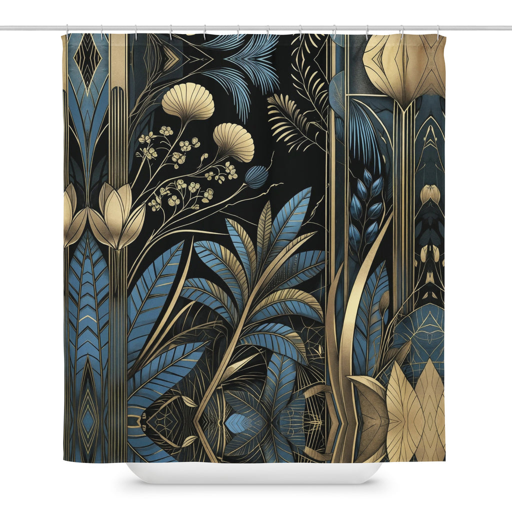  Art Deco Botanical Shower Curtain - Navy Gold Palm Leaf - Luxury Bath