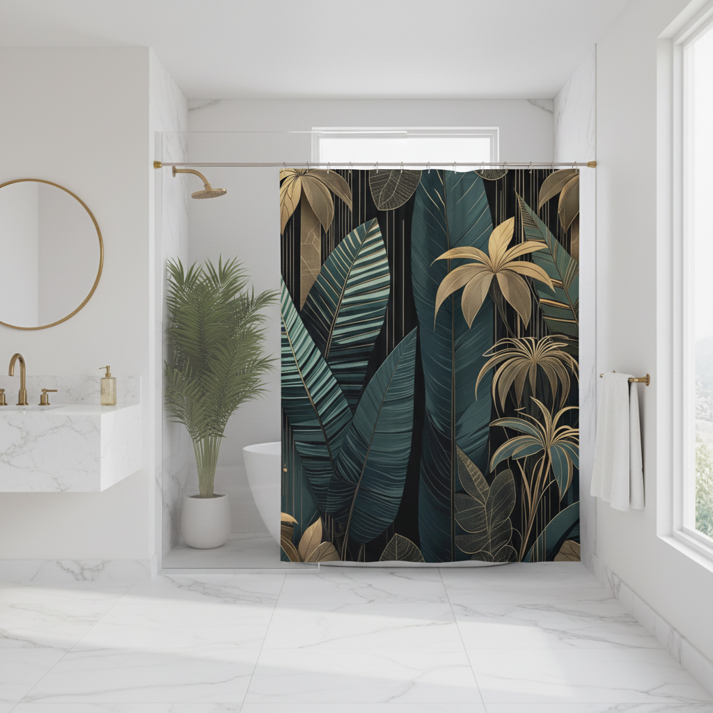 Sleek modern bathroom with elegant emerald green and gold art deco shower curtain as statement piece
