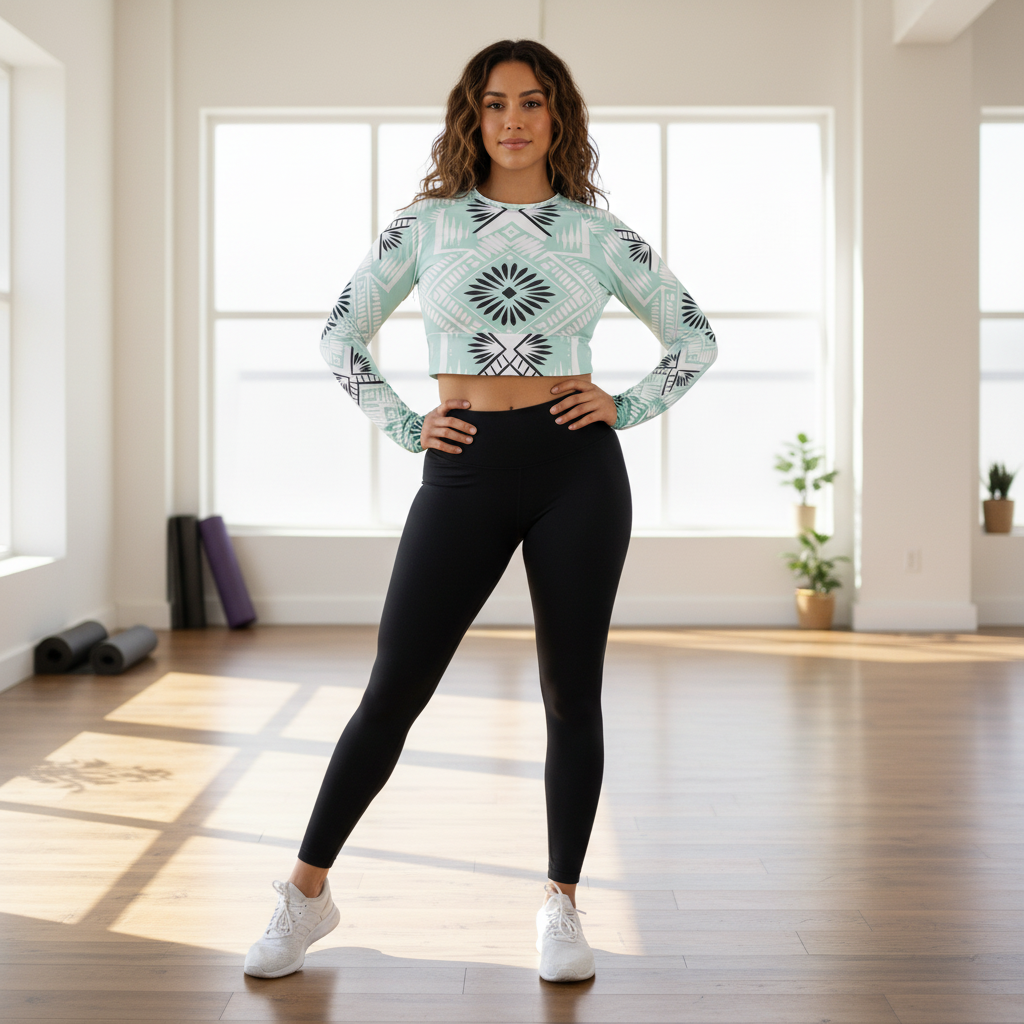 Slim athletic woman long wavy hair mint crop top black leggings yoga studio