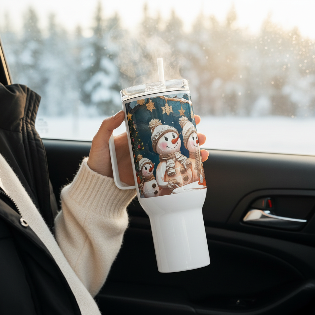 Snowman Travel Mug in Car - Winter Morning