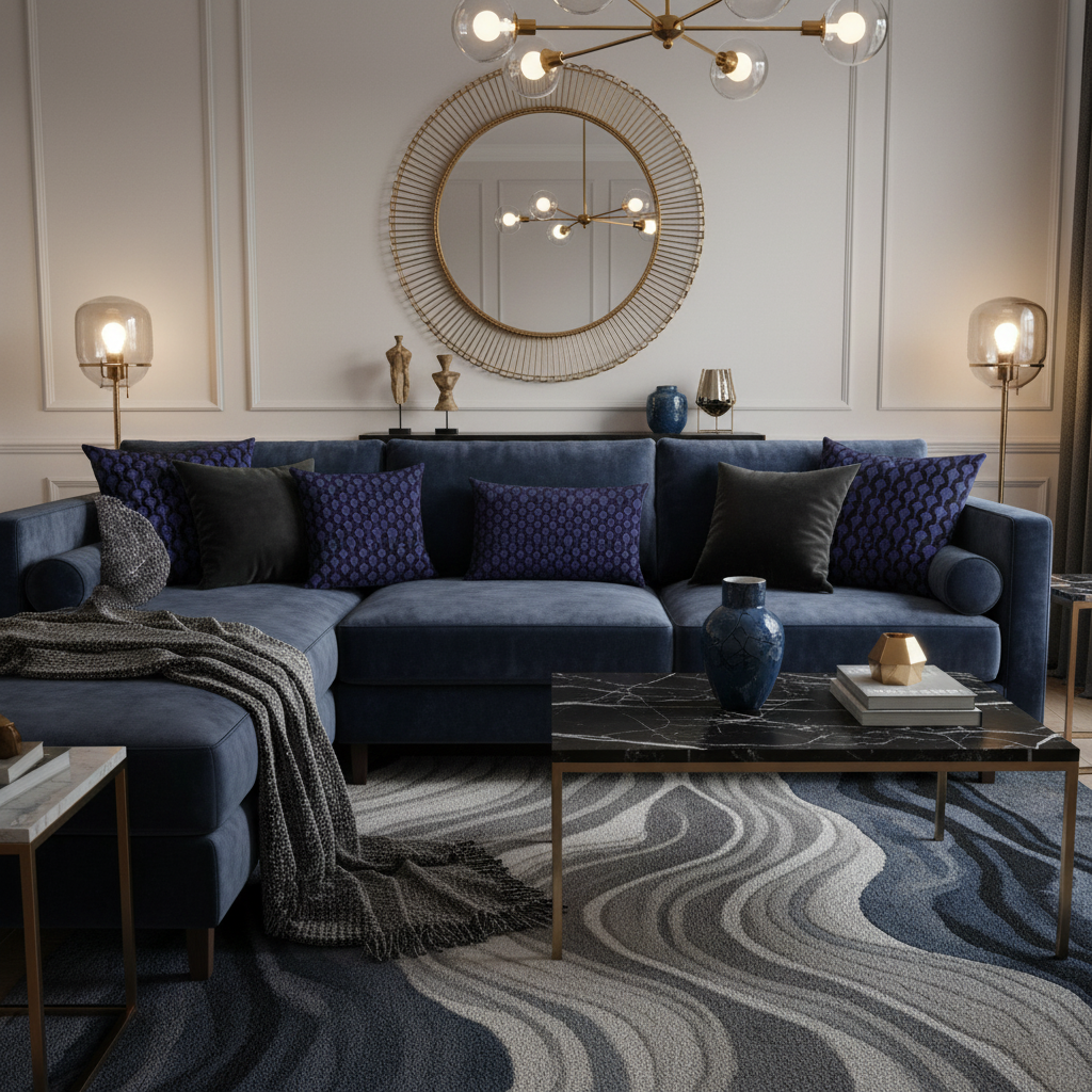 Sophisticated cozy living room with Art Deco pillows in deep blue and black