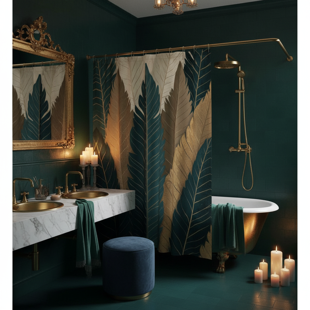 Sophisticated emerald green bathroom with elegant botanical shower curtain and brass details