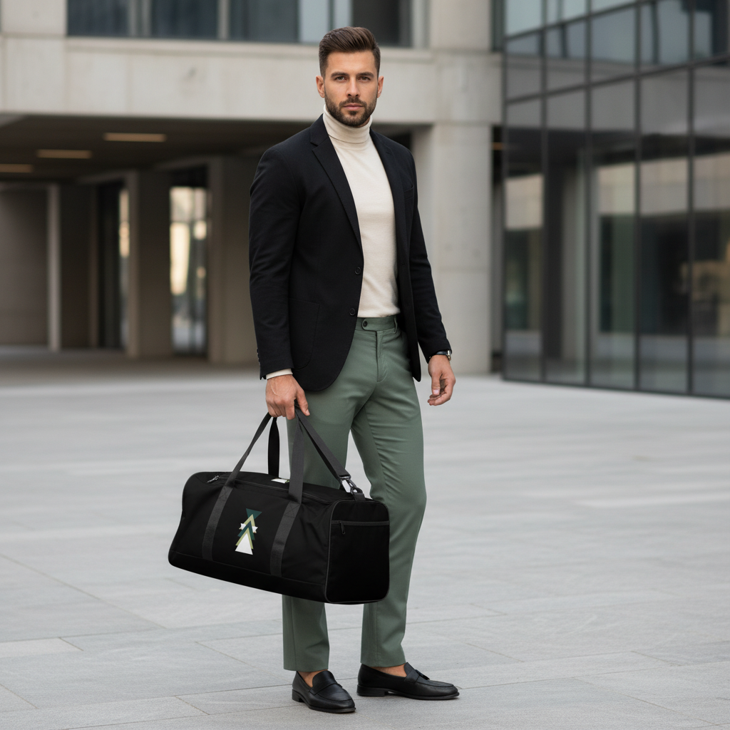 Sophisticated man in sage green trousers and cream turtleneck with geometric triangle duffle