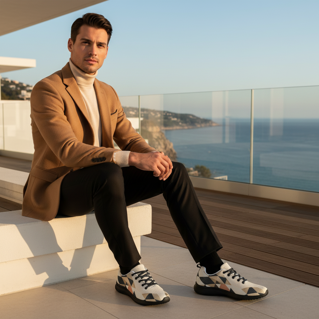 Sophisticated man in tan blazer with geometric sneakers