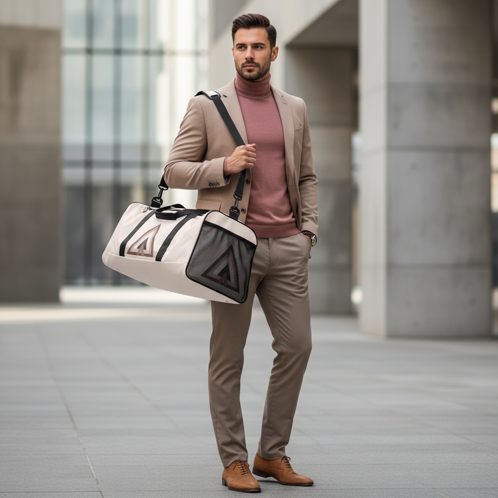 Sophisticated man in taupe trousers and mauve turtleneck with geometric triangle duffle