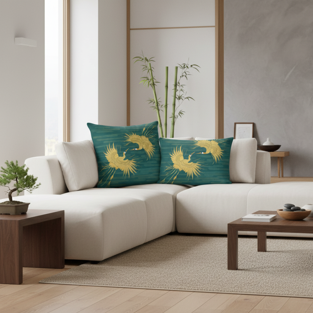 Sophisticated modern living room with Japanese zen aesthetic and teal gold crane pillows
