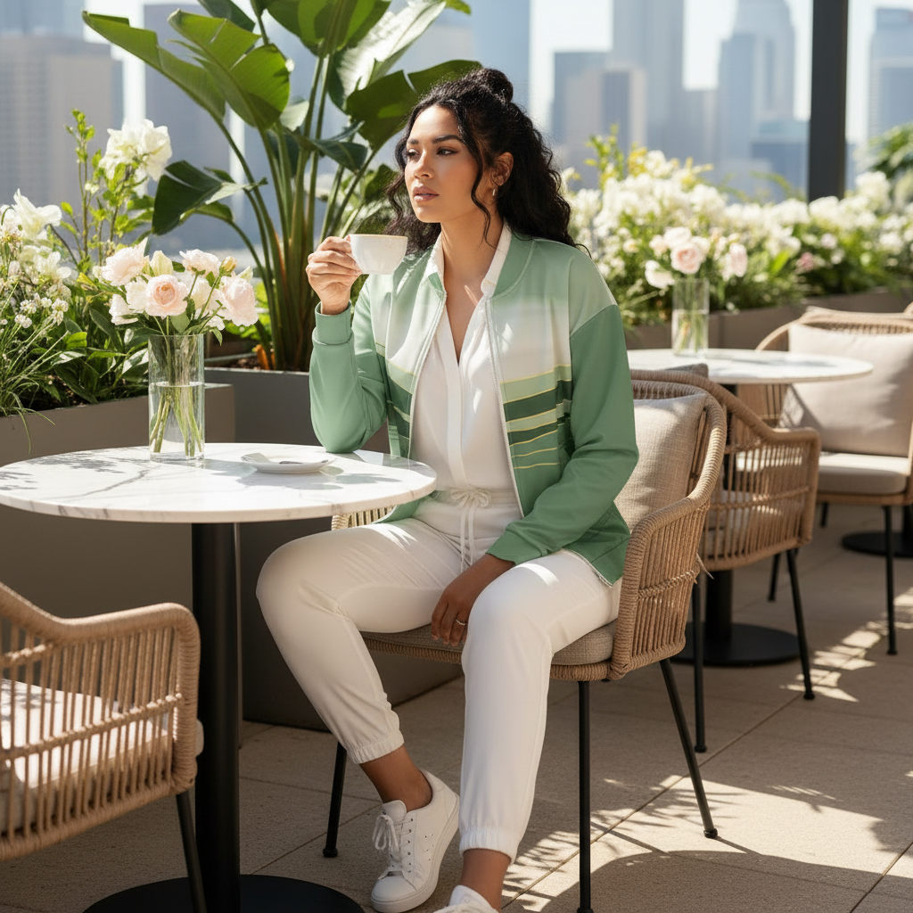 Sophisticated woman in green bomber sitting at chic outdoor restaurant