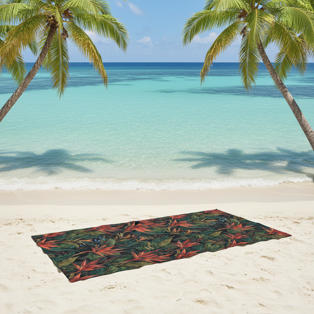 Stunning beach setting with tropical beach towel with coral red flowers and green palm leaves on white sand showcasing full botanical design, crystal clear turquoise water, gentle waves, tropical palm trees, warm sunlight