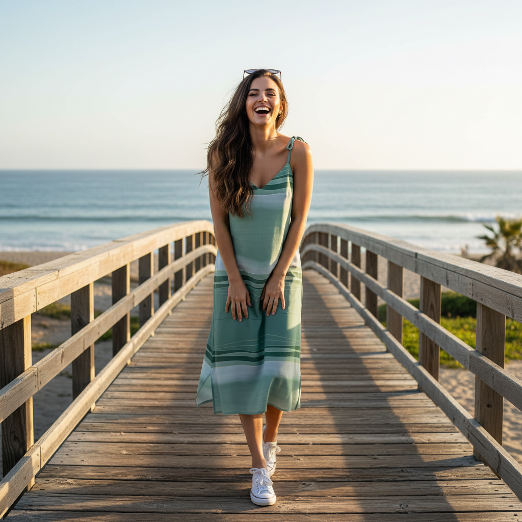 Stunning brunette woman in mint stripe midi dress coastal terrace ocean views golden hour