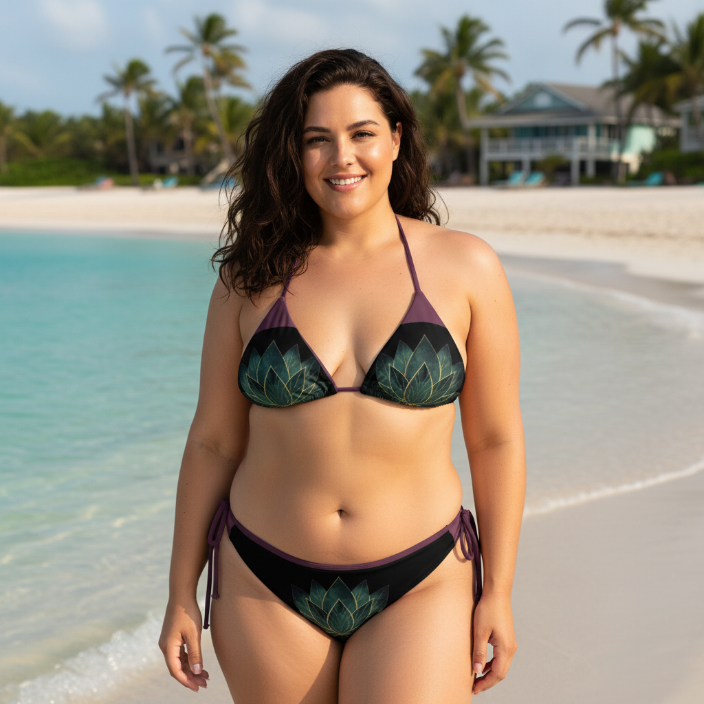 Stunning confident plus-size woman in lotus bikini on white sandy beach