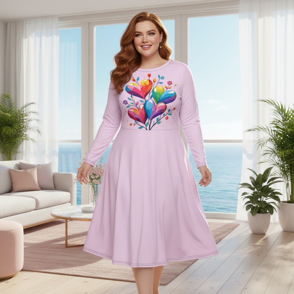Stunning confident plus-size woman in pink hearts dress in luminous bright coastal space