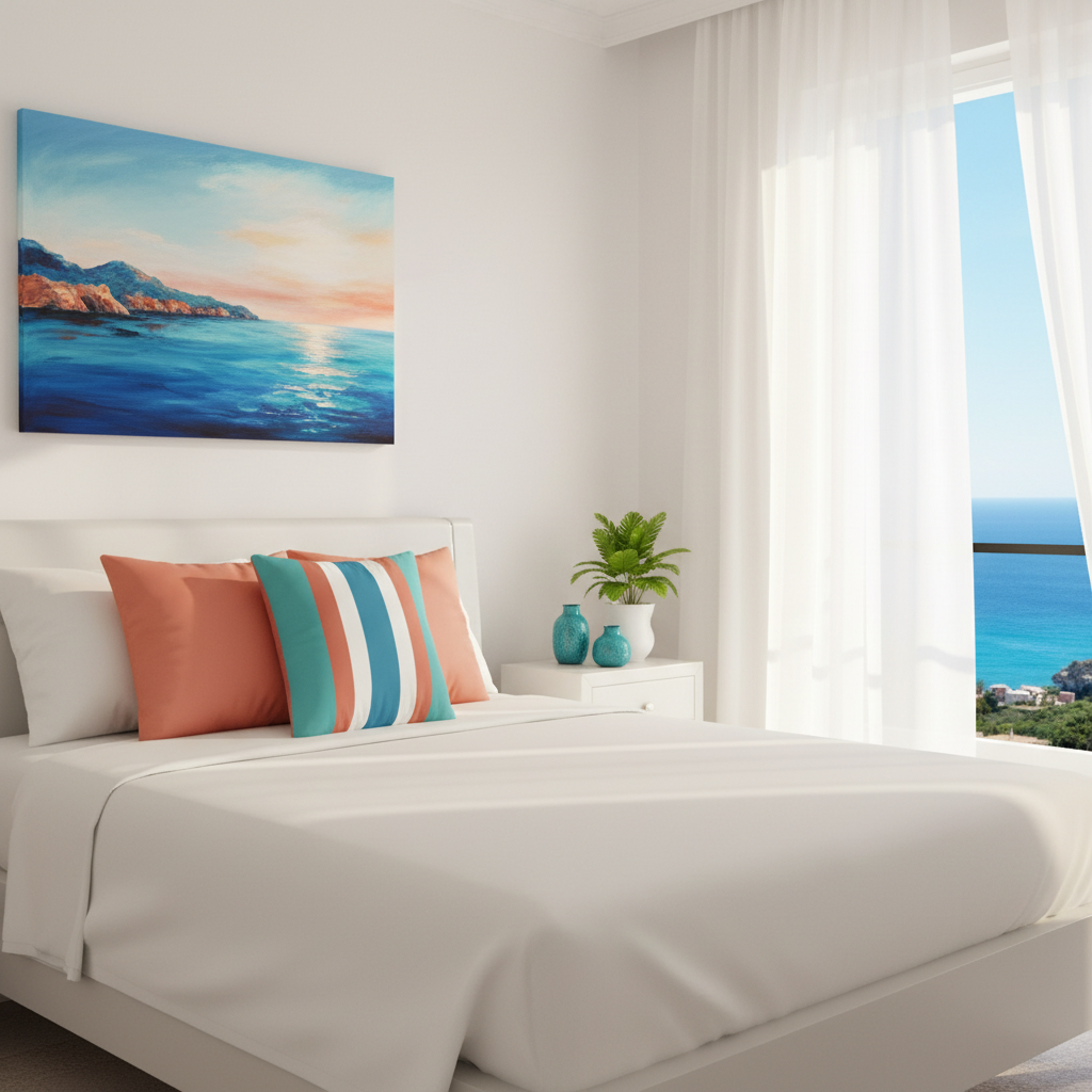 Stunning Italian coastal bedroom with striped square pillow and large coastal painting