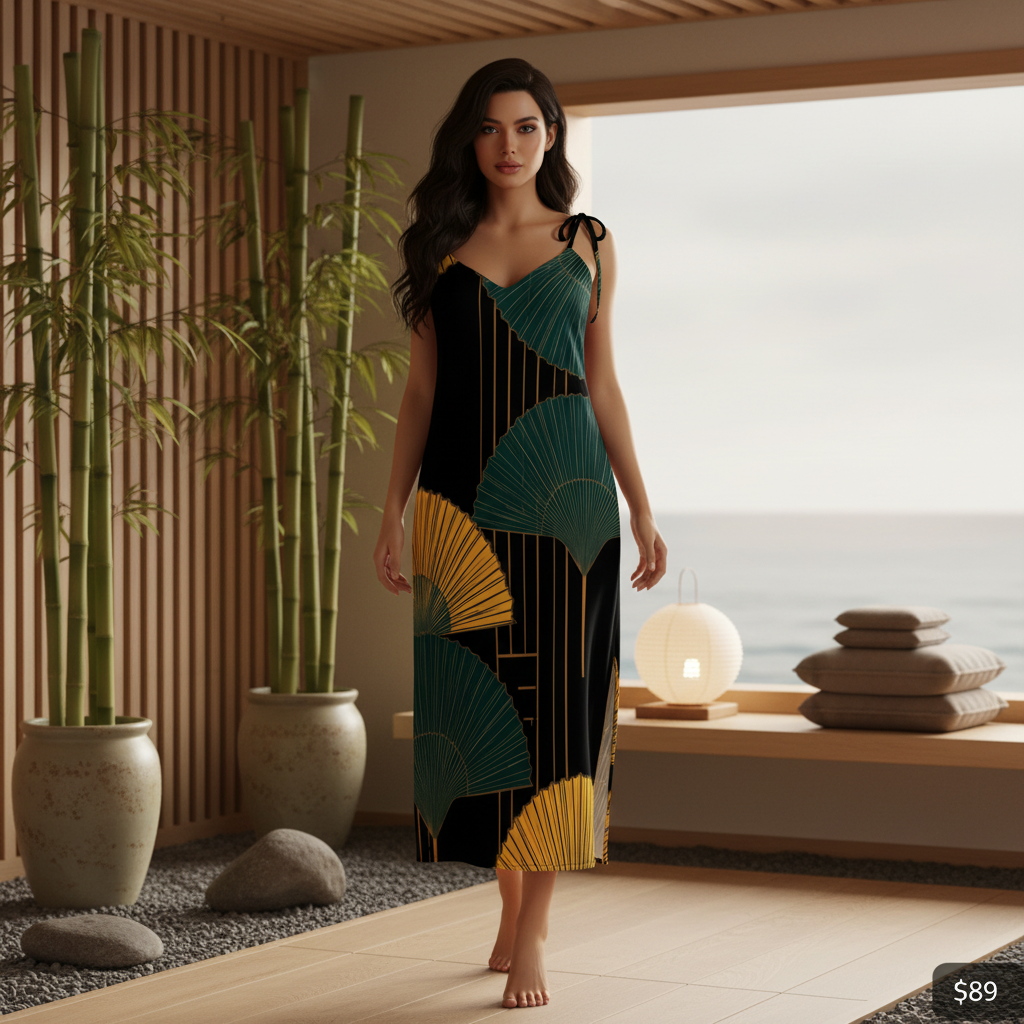 Stunning model in art deco patterned dress in coastal zen meditation space with wood