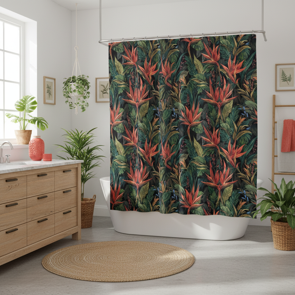 Stunning sunny bathroom with tropical shower curtain with coral red flowers and green palm leaves, white bathtub, natural wood furniture, woven baskets, green tropical plants, coral red accents, bright daylight, luxurious refined beach house aesthetic
