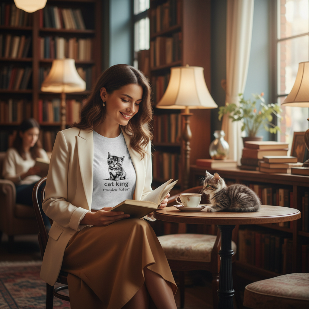 Stunning woman in ash grey cat king t-shirt with camel skirt and blazer in bookstore café with grey kitten