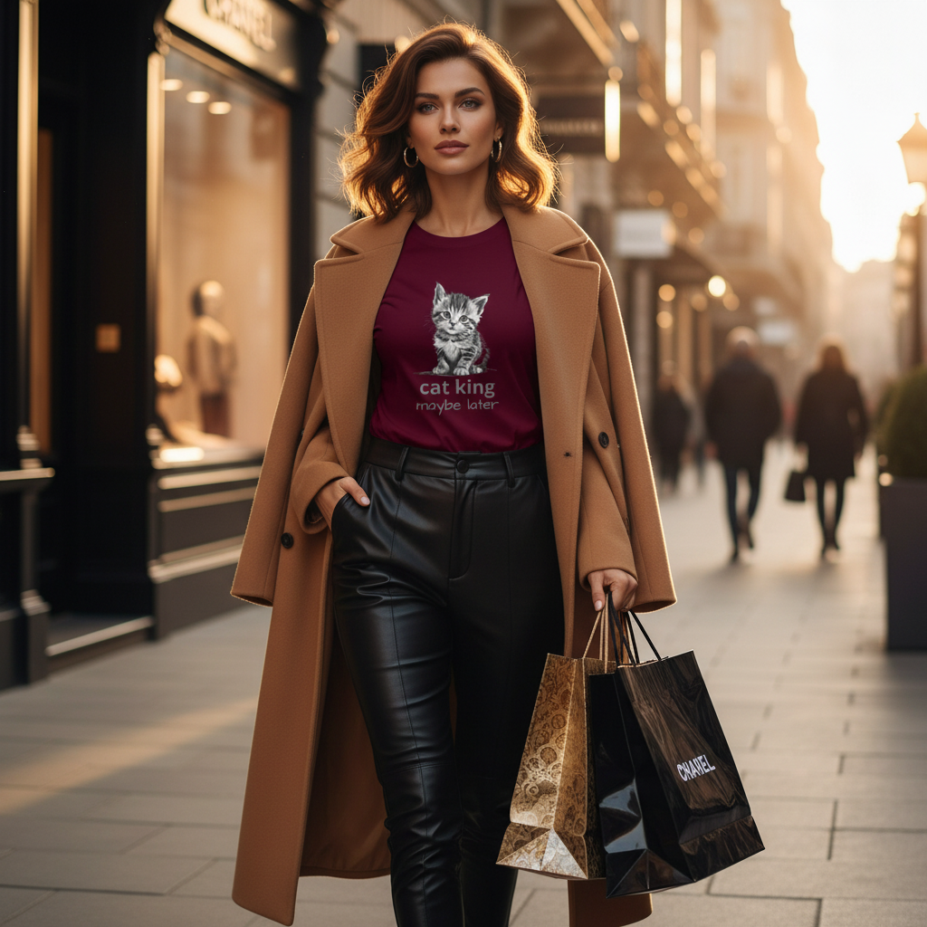 Stunning woman in maroon cat king t-shirt with black leather pants and camel coat on boutique street