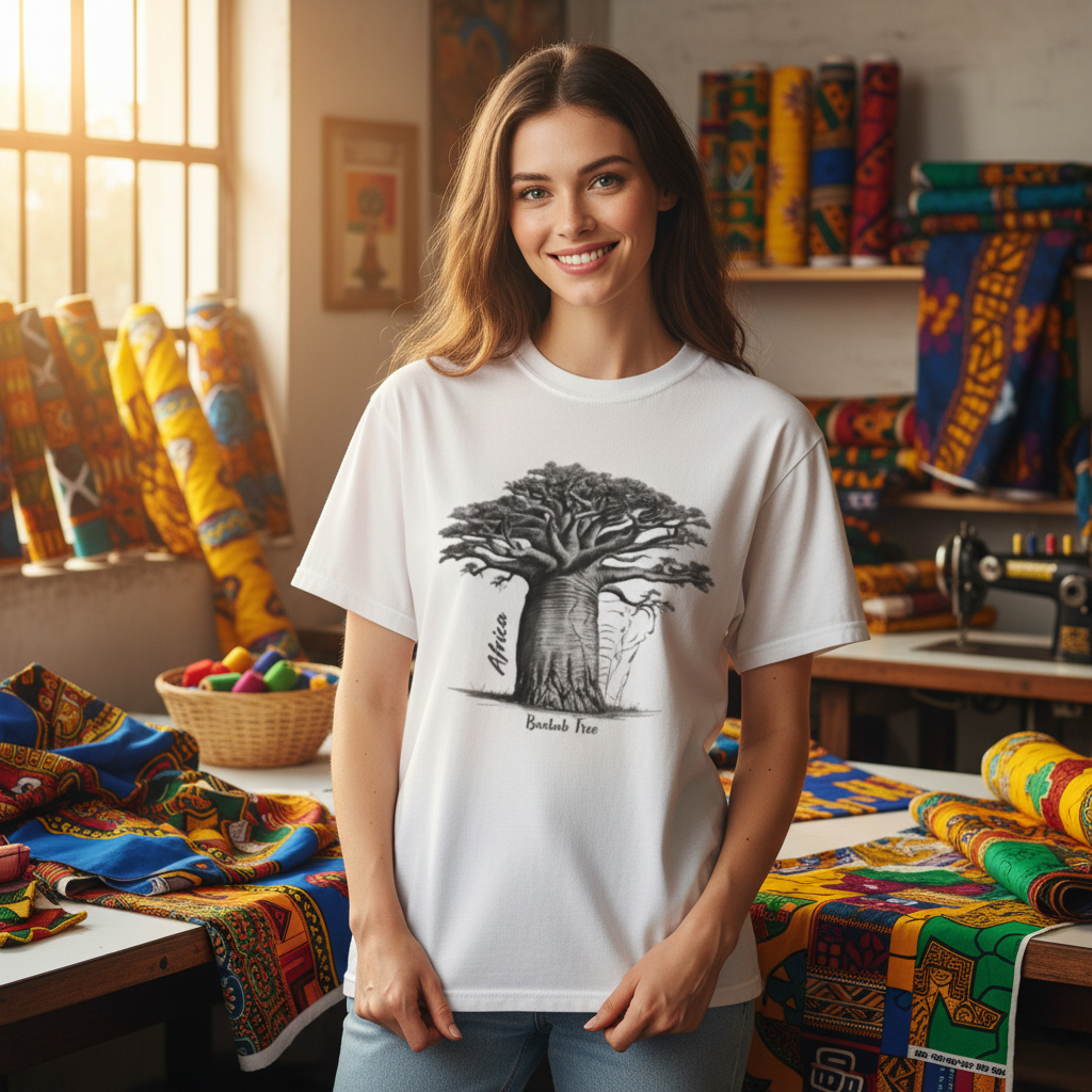 Stunning woman wearing white baobab t-shirt in African textile workshop