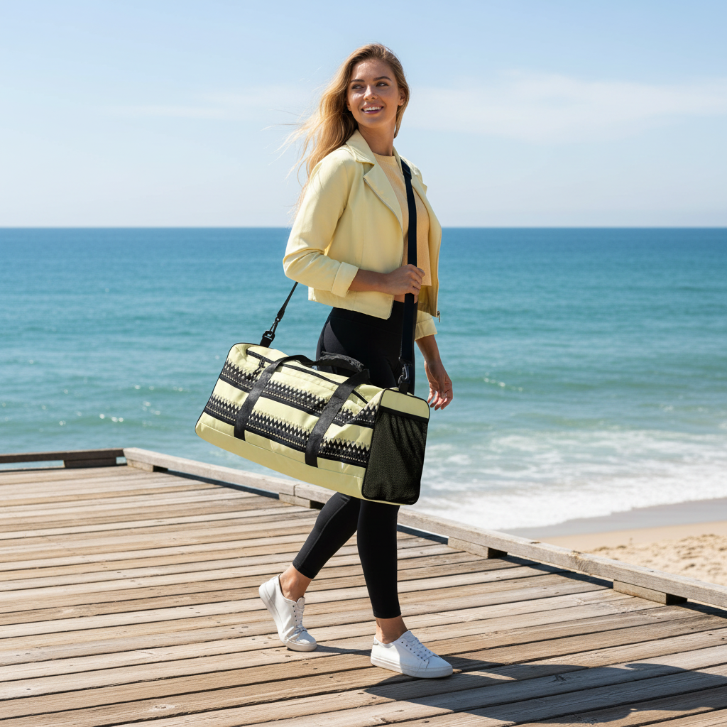 Stylish blonde woman in yellow outfit with yellow black duffle bag on coastal boardwalk