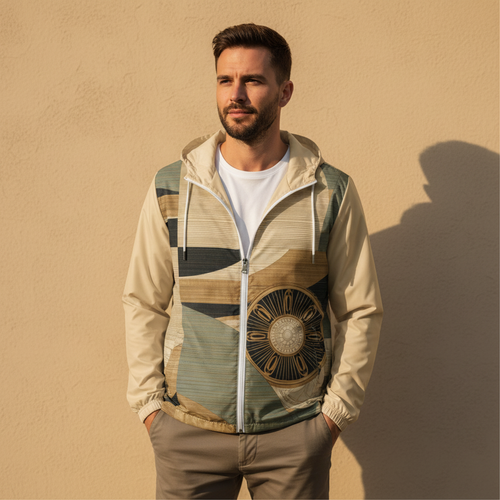 Stylish confident man wearing earth tones windbreaker with gold compass mandala design standing in front of warm beige textured wall, jacket open showing front design, relaxed pose