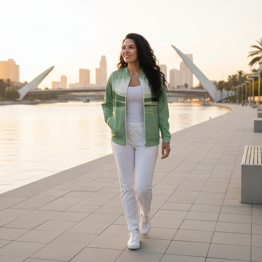 Stylish confident woman in green bomber walking along riverside promenade