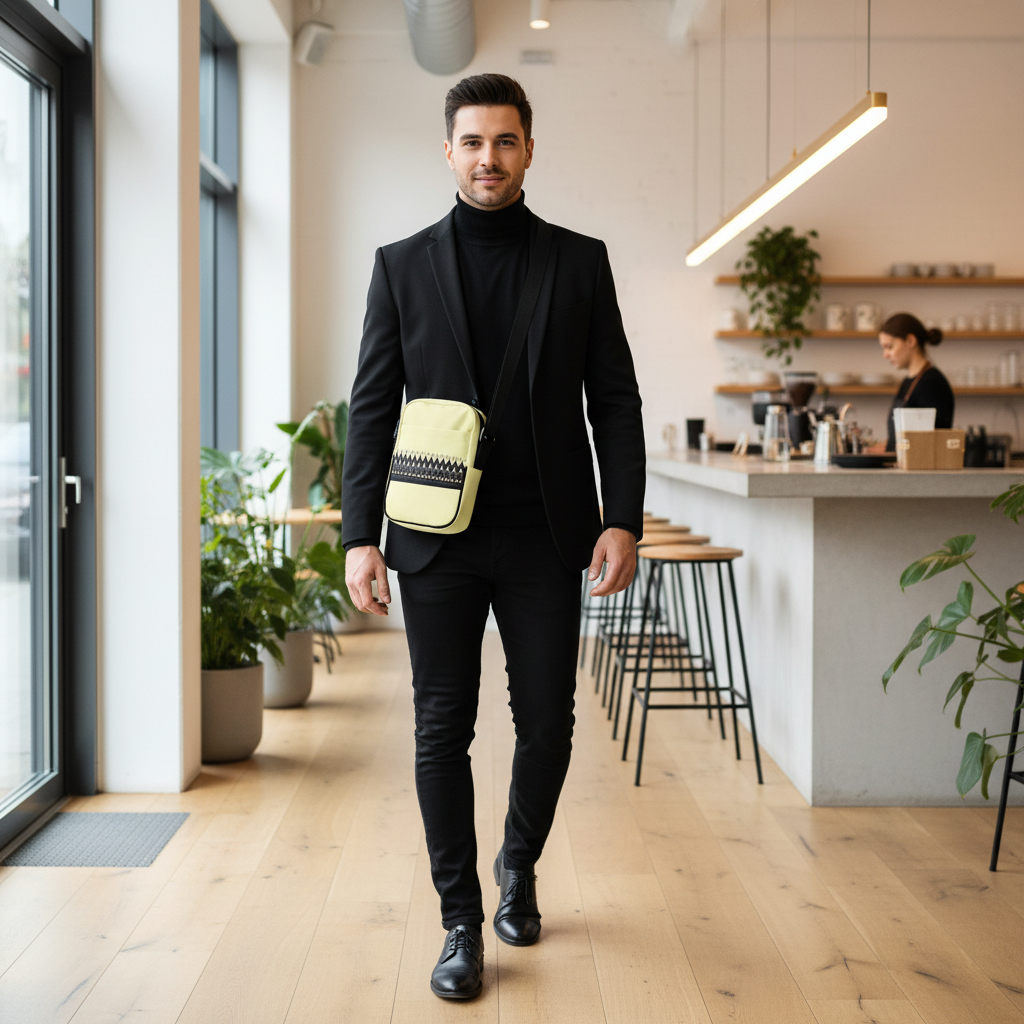Stylish man in all black outfit with yellow black crossbody bag in cafe