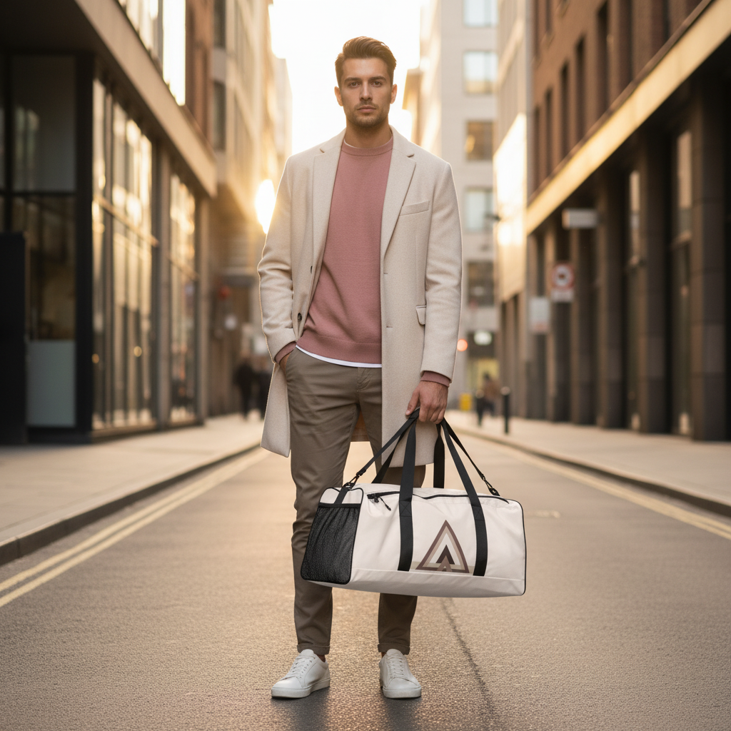 Stylish man in beige chinos and mauve sweater carrying geometric pattern duffle bag