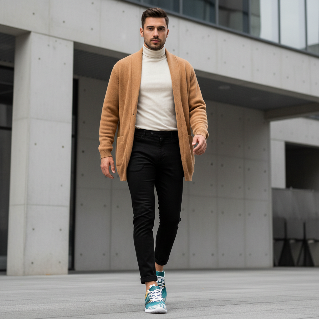 Stylish man in cream turtleneck and gold cardigan shot from low angle emphasizing teal gold shoes