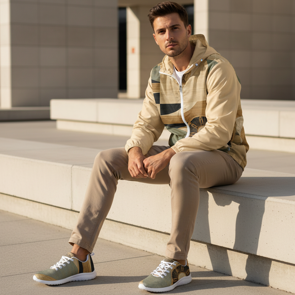 Stylish man in earth tones windbreaker and matching compass design shoes sitting relaxed on concrete ledge, full coordinated outfit visible head to toe with shoes in foreground