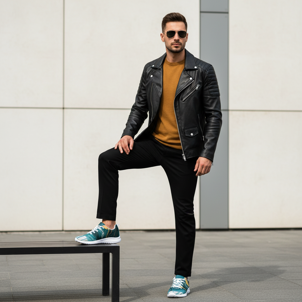 Stylish man in gold sweater and leather jacket with one teal abstract shoe propped up prominently