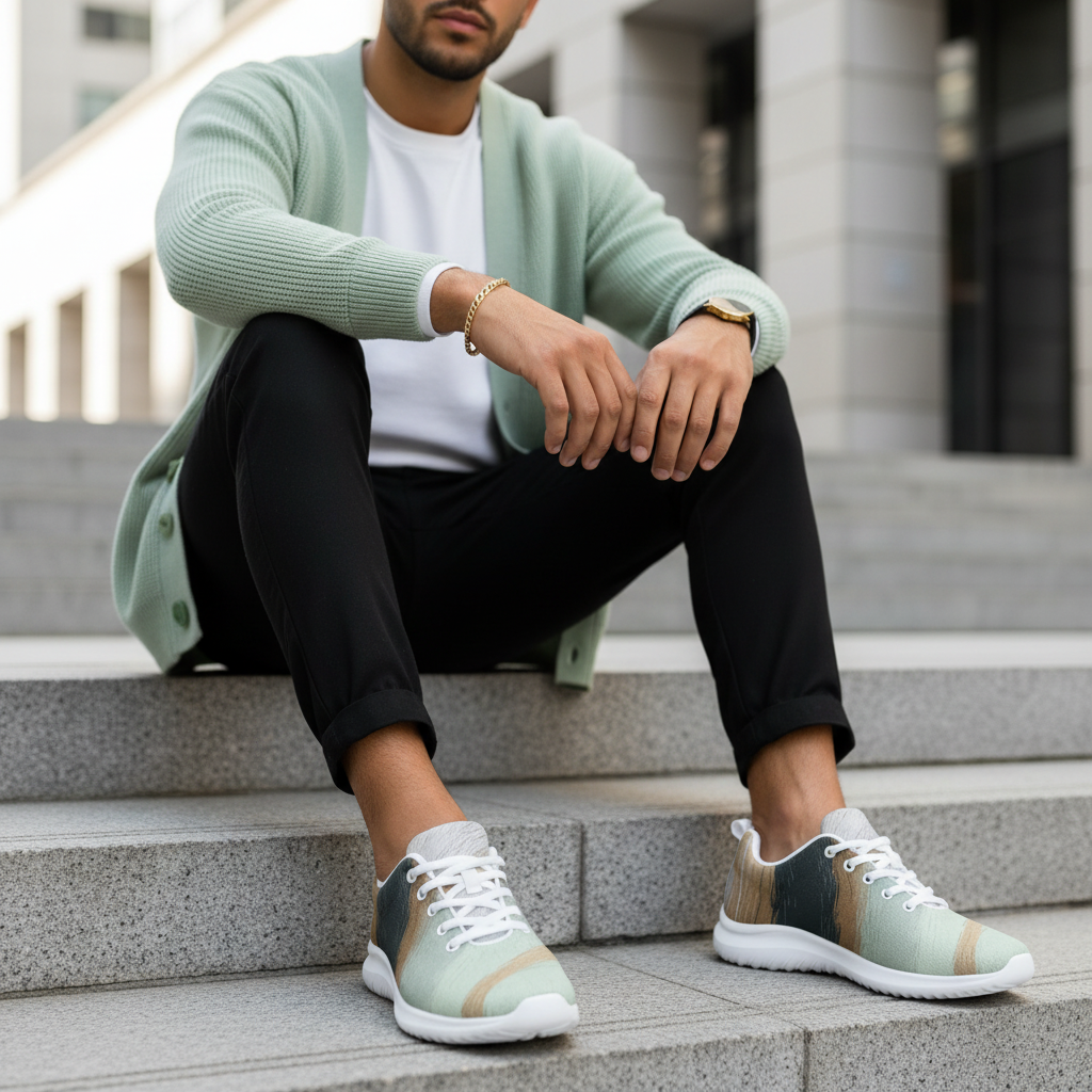 Stylish man on steps in black joggers white sweatshirt and mint cardigan with abstract wave shoes