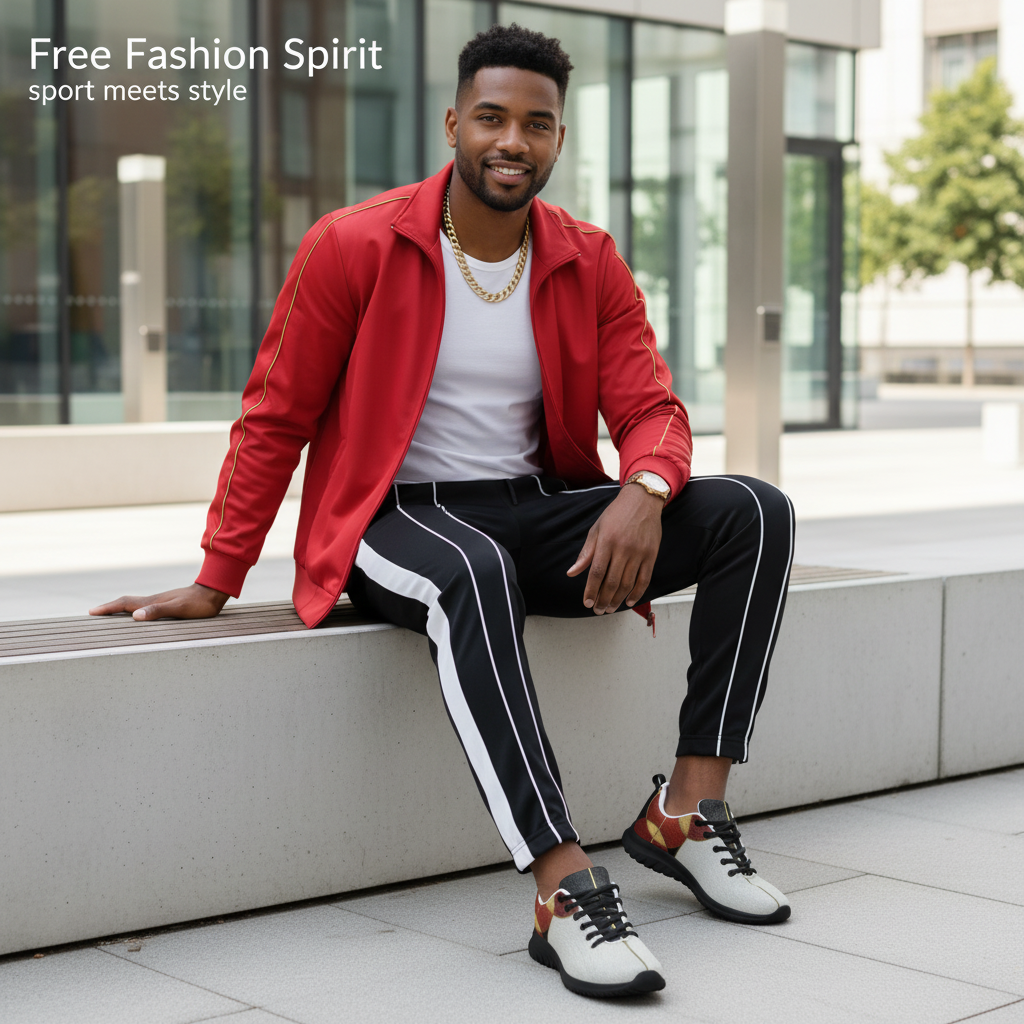 Stylish man sitting on wall in white athletic tee and red varsity jacket with geometric shoes close-up