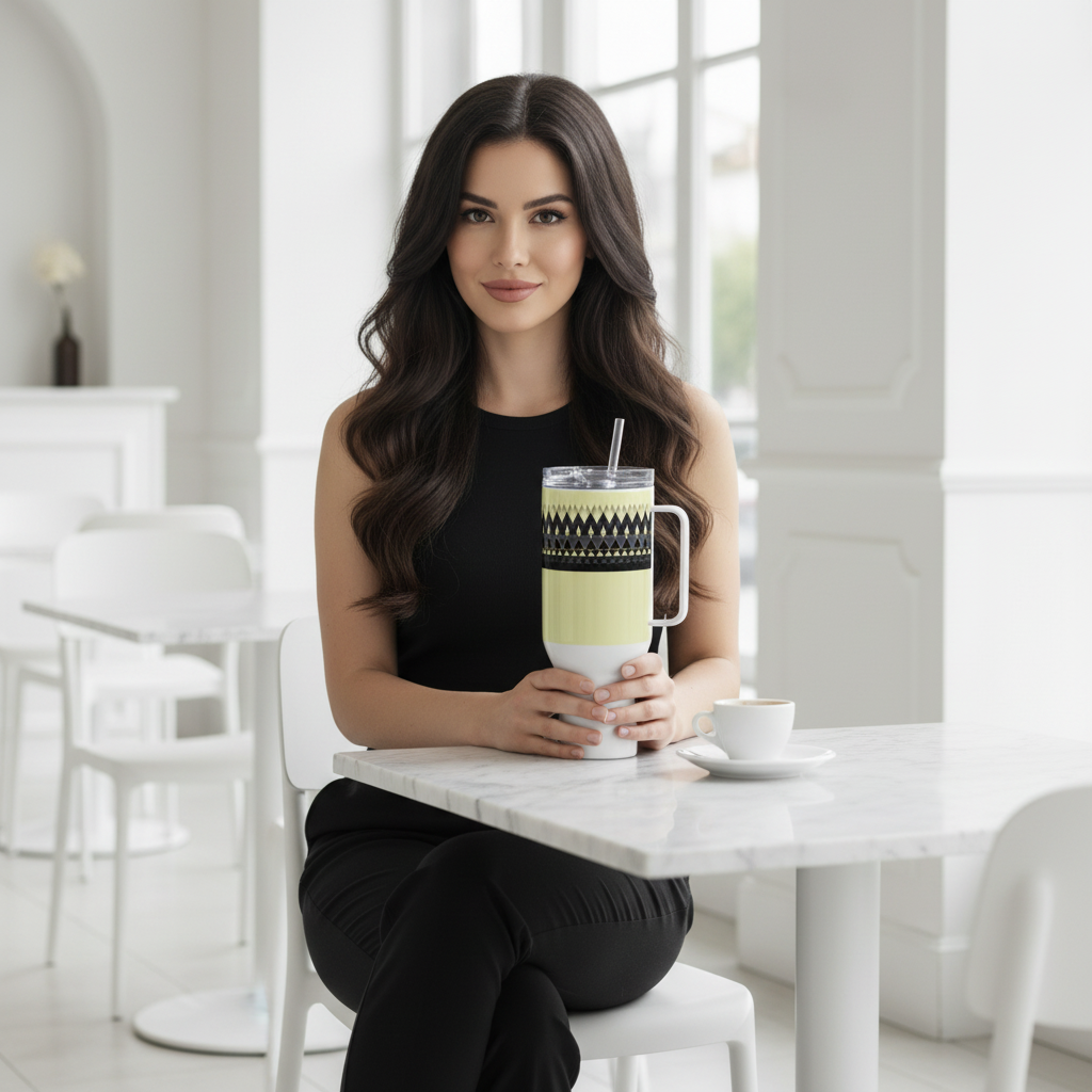 Stylish woman holding yellow black geometric travel mug in white coffee shop