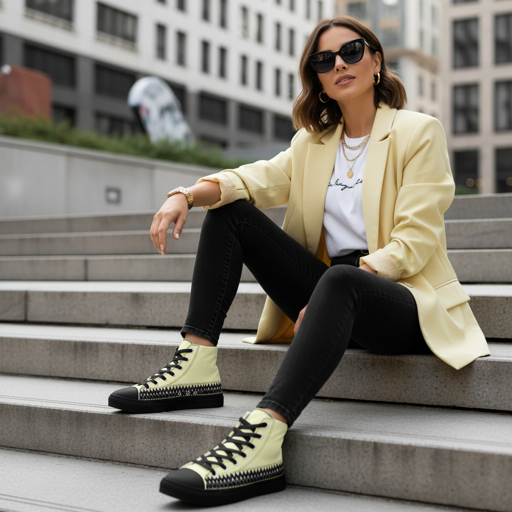 Stylish woman in black jeans white tee and yellow blazer with geometric high-top canvas shoes