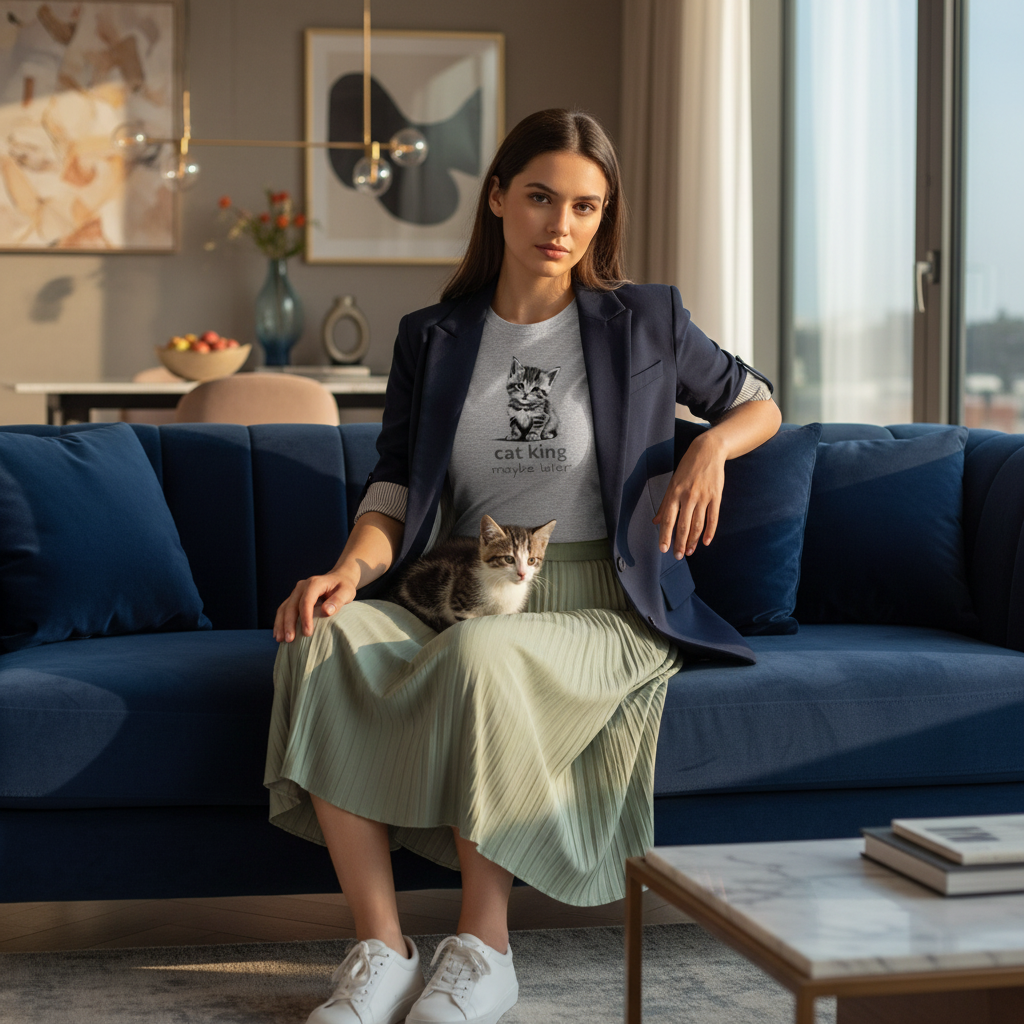 Stylish woman in grey cat king t-shirt with sage pleated skirt and blazer on velvet sofa with black and white kitten